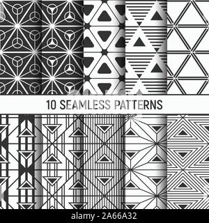 Satz von zehn Schwarzweiß nahtlose Muster der Dreiecke. Abstrakte geometrische trendy Vektor Hintergründe. Fashion Design. Modernes, stilvolles Texturen. Stock Vektor