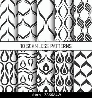 Satz von zehn Schwarzweiß nahtlose Muster. Abstrakte geometrische trendy Vektor Hintergründe. Wiederholen dekorative Ornament mit stilyzed Blumen. Stock Vektor