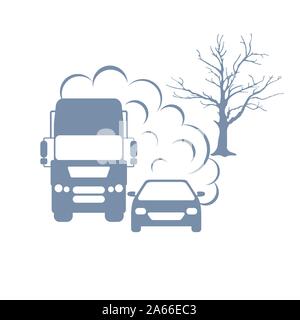 Vector Illustration mit Autos, strahlt Elektrosmog Auspuffanlage, Baum. Umweltverschmutzung Konzept. CO2-Emissionen Cloud2. Rauch Schadstoff, Beschädigung, Verunreinigung Stock Vektor