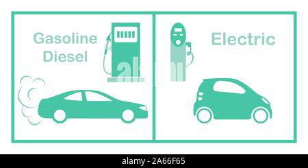 Vector Illustration Vergleich elektrische Umweltfreundliche vs Gas umweltschädliche Autos. Ökologie Konzept Umweltschutz Tankstelle, Electrica Stock Vektor