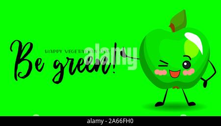 Ein Apple. Niedlichen Figuren mit Händen und Flächen auf einem grünen Hintergrund. Grußkarte für vegane und vegetarische Tag.. Stock Vektor
