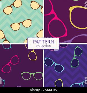 Satz 4 Vektor nahtlose bunte Gläser Muster. Abstrakte geometrische, trendige Farbe Hintergrund. Flache Bauform. Moderne stilvolle Mode Texturen. Stock Vektor