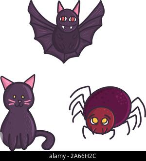 Wohnung mit Lustig, Fledermaus, Katze und Spider für Dekoration Design gesetzt. Vektor Cartoon Illustration. Halloween Monster Symbole. Stock Vektor