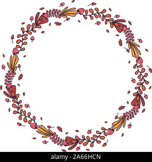 Retro Hand gezeichnet mit Herbst Blatt und musgrooms in runden Kranz für Concept Design. Vektor botanische Zeichnung. Herbst Komposition. Stock Vektor