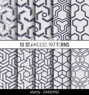 Satz von zehn nahtlose Muster. Abstrakte geometrische trendy Vektor farbigen Hintergründen. Hexagon Texturen. Chevron Elemente bilden stilvollen Kachelbare drucken. Stock Vektor