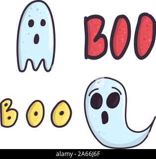 Isolierte cartoon Vektor Design mit Ghost und buh-Schriftzug. Halloween Party Monster Symbole. Flache spooky Abbildung. Stock Vektor