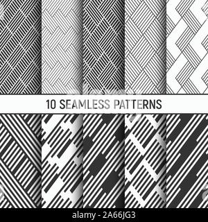 Satz von zehn Schwarzweiß nahtlose Muster. Schräge Streifen regelmäßig wiederholt. Abstrakte trendy Vektor Hintergründe. Fashion Design. Moderns Texturen. Stock Vektor