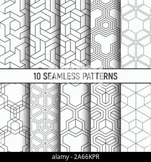 Satz von zehn nahtlose Schwarzweiß-Mustern. Abstrakte geometrische trendy Vektor Hintergründe. Lineare Stil. Fashion Design. Geometrische Fliesen. Stock Vektor