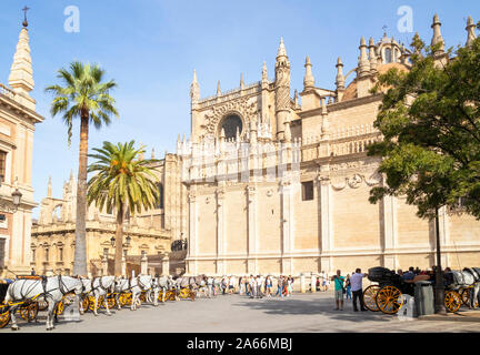Sevilla Kutschfahrten außerhalb der Kathedrale von Sevilla und das allgemeine Archiv der Indies Gebäude Calle Miguel Mañara Sevilla Spanien EU Europa angeboten Stockfoto