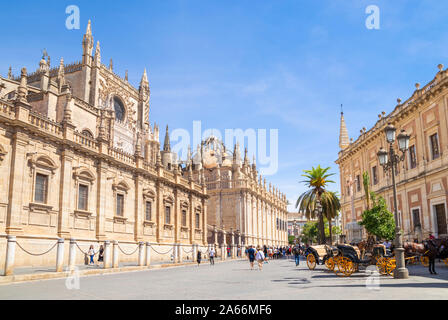 Sevilla Kutschfahrten außerhalb der Kathedrale von Sevilla und das allgemeine Archiv der Indies Gebäude Sevilla Spanien EU Europa angeboten Stockfoto