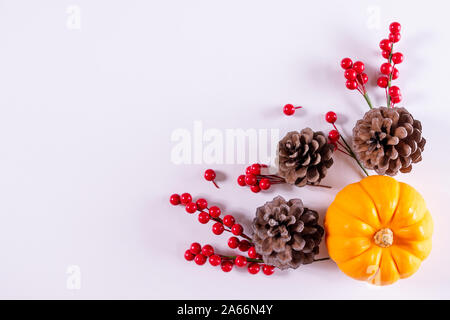 Festliche Herbst Dekor aus Kürbissen, Beeren und Blätter auf einem weißen Holz- Hintergrund. Konzept der Thanksgiving oder Halloween. Flach herbst Zusammensetzung Stockfoto