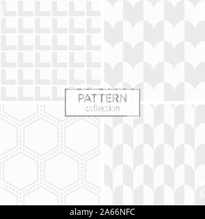 Satz von vier abstrakte geometrische nahtlose Muster. Modernes, stilvolles Hintergründe. Weiße und graue geometrischen Texturen. Gepunktete Sechsecke, abgerundete Fliesen. Stock Vektor