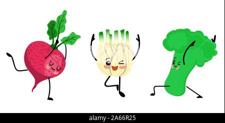 Vegan für immer. Postkarte zum Internationalen Tag des Vegetarismus und gesundes Essen. Spinat Charakter. Gesundes Gemüse. Yoga Stock Vektor
