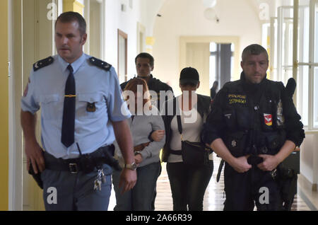 Das Amtsgericht in Opava beschloss heute, am Donnerstag, 24. Oktober 2019, in U-Haft verurteilter Mörder Petra Janakova (Mitte), wurde vorübergehend aus der Haft über ihre Schwangerschaft freigegeben, in Gewahrsam, in Verbindung mit ihrer frischen Strafverfolgung wegen Verdacht auf falsche Anschuldigung. Janakova, die vor kurzem ihren Namen zu Nova geändert, appelliert, die Entscheidung. Das Gericht kam zu dem Schluss, dass sie vermeiden könnte, Strafverfolgung und ihre spätere Bestrafung, Staatsanwaltschaft, Michal Koflak sagte nach der heutigen Sitzung hinter verschlossenen Türen. Sie ist noch nicht 28 Jahre hinter Gittern verbringen. Koflak sagte Sozialarbeiter Pflege sind unter Berücksichtigung der Stockfoto