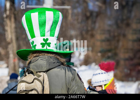 Mann in einem Hut mit Shamrock, traditionellen Urlaub Kostüm an uns zurück, während der Feier der St. Patrick's Day Stockfoto