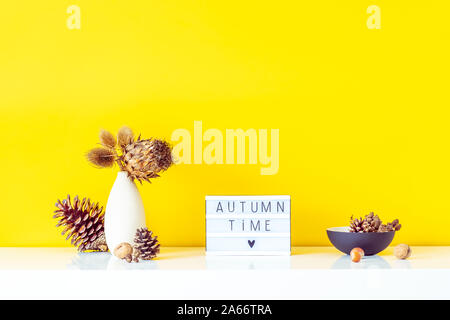 Box mit Text ABFALLZEIT, getrocknete Blumen, Dornen im Licht Vase, Tannenzapfen und anderen natürlichen Dekor auf gelbe Wand Hintergrund. Eco, einfache Home Interior Stockfoto