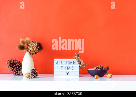 Box mit Text ABFALLZEIT, getrocknete Blumen, Dornen im Licht Vase, Tannenzapfen und anderen natürlichen Dekor auf rote Wand Hintergrund. Eco, einfache Home Interior sty Stockfoto