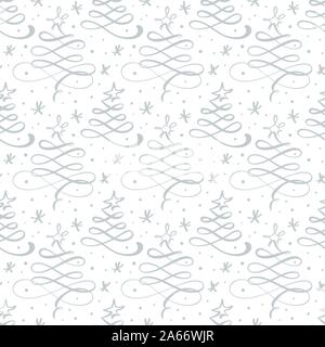 Nahtlose Muster für Weihnachten auf einen weißen Hintergrund mit Doodle Kalligraphie Xmas Tree und Schneeflocken. Für eine luxuriöse Geschenkpapier, t-shirts Stock Vektor