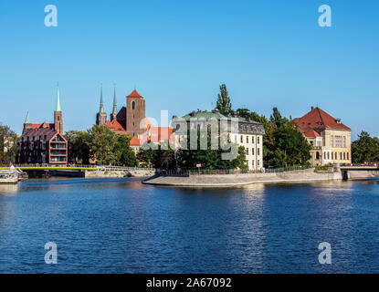 Blick Richtung Piasek Insel und Ostrow Tumski Bezirk, Wroclaw, Woiwodschaft Niederschlesien, Polen Stockfoto