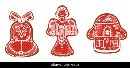 Weihnachten Lebkuchen Cookies. Süßigkeiten mit Puderzucker. Das neue Jahr Desserts. Farbe rot Stock Vektor