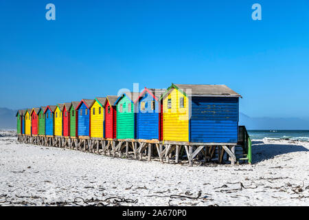 Farbigen Häuser am Strand von Muizenberg, Cape Town, Western Cape, Südafrika Stockfoto