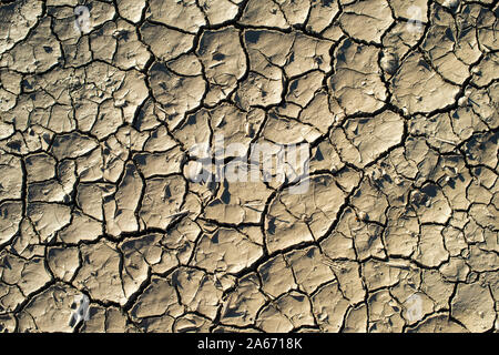 Rissige Erde Textur. Harte Schatten und Sonne. Getrocknete Masse. Muster der vielen Risse für Hintergrund. Stockfoto