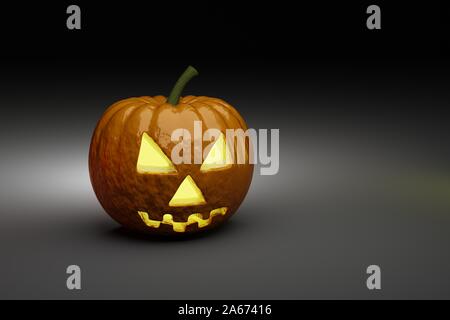 Jack O Lantern Halloween Kürbis auf schwarzem Hintergrund mit Licht Reflexion auf dem Boden und Kopieren. Vorderansicht. 3D-Rendering Stockfoto