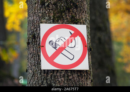 Closeup Baumstamm, wo ein Zeichen gesetzt. Rauchen verboten Schild an einem Baum. Umweltschutz. Brandschutz Schilder im Wald Stockfoto