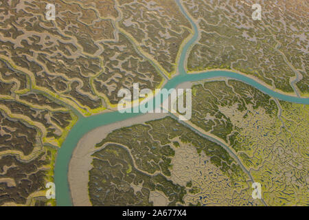 Luftbild auf Marschland, Naturpark Bahia de Cadiz. Costa De La Luz, Provinz Cadiz, Andalusien, Spanien Stockfoto