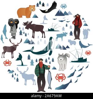 North Polar circle Symbole und Bilder. Tiere, Eskimos, Wälder, Berge, Jäger, Boote, Fische und Fischer Stock Vektor