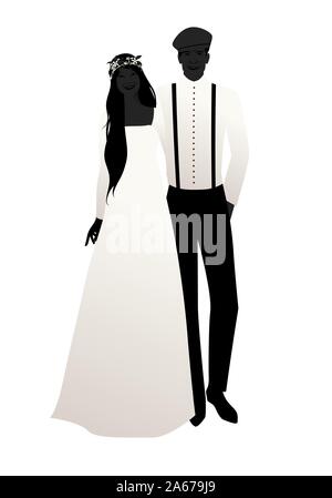 Silhouetten der Hochzeit paar, tragen Böhmische oder Hipster style Hochzeit Kleidung, auf weißem Hintergrund Stock Vektor