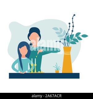 Jüdische Religion Frau in Kopfschmuck. Mutter und Tochter Beleuchtung Kerzen für Schabbat. Auf weissem Hintergrund. Vector Illustration. Moderne Wohnung Stil. Stock Vektor
