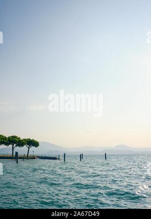 Vertikale Foto mit Blick über den Lago di Garda. Hügel und Berge sind im Nebel im Hintergrund verborgen. Paar Pinien befinden sich auf der Seite neben Holz- pales im w Stockfoto