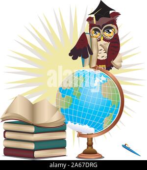 Cartoon kluge Eule mit Kugel und Stapel von Büchern. Stock Vektor