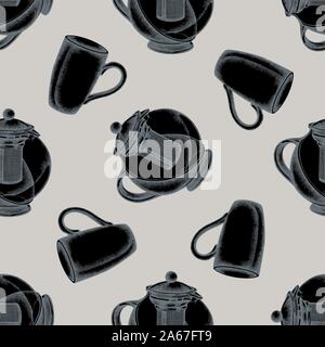 Nahtlose Muster mit Hand gezeichnet stilisierte Teekannen, Tassen lieferbar Abbildung: Stock Vektor