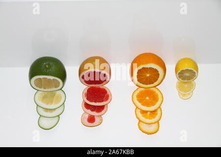 Zitrusfrüchte auf weißem Hintergrund: Grapefruits, Orangen- und Zitronenbäumen. Stockfoto