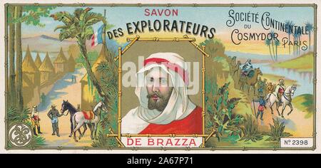 Label aus einem Paket von 'Savon des Explorateurs', mit einem Porträt des französisch-italienischen Entdeckers Pierre Savorgnan de Brazza, das ein Keffiyeh und igal trägt, das von der Societe Continental du Cosmydor, Paris, Frankreich, 1900 produziert wurde. () Stockfoto