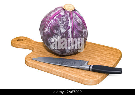 Frisches lila Kohl liegt auf einem Holzbrett neben einem Messer, 3D-Rendering auf weißem Hintergrund Stockfoto