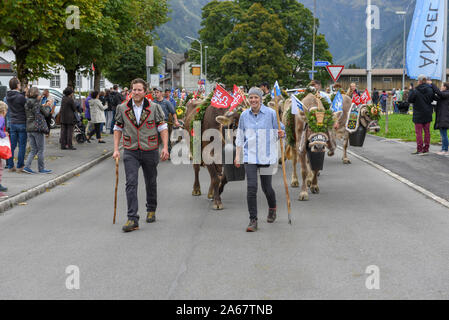 Engelberg, Schweiz - 28 September 2019: Landwirte mit einer Herde von Kühen auf der jährlichen Wanderhaltung in Engelberg in den Schweizer Alpen Stockfoto