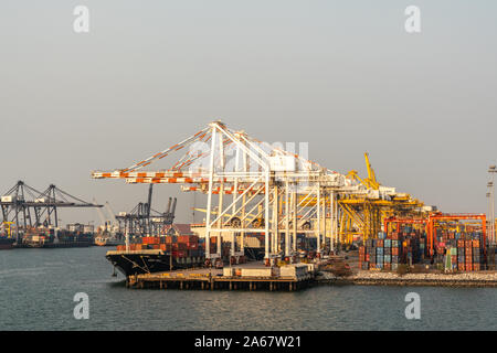 Laem Chabang Seehafen, Thailand - 17. März 2019: Auf lange Sicht auf die große Anzahl von containerbrücken am Kai mit bunten Stapel von Kisten gegen Licht Blu Stockfoto