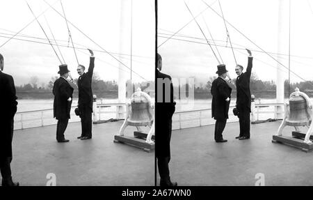 Us-Präsident Theodore Roosevelt und Gifford Pinchot an Bord der Raddampfer Mississippi, Mississippi River, Stereo Karte, 1907 Stockfoto