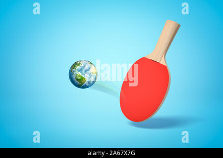 3D-Rendering von Ping pong Schläger und Globus als Ping-Pong-Ball auf blauem Hintergrund Stockfoto