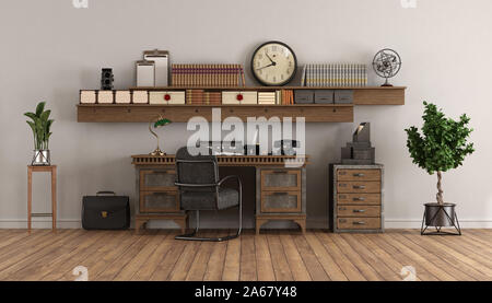 Home Office mit alten Schreibtisch und Holzregale auf weiße Wand - 3D-Rendering Stockfoto