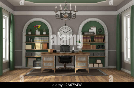 Classic Style Home Office mit alten Schreibtisch und Nischen mit Bücher ion Hintergrund-3-D-Rendering Stockfoto