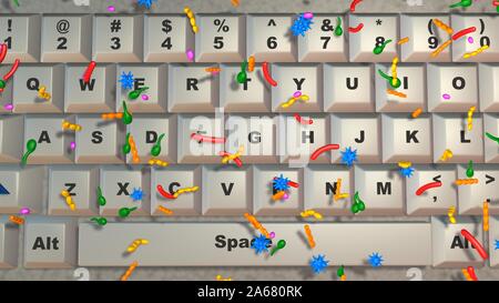 Computer Tastatur mit Keimen, Bakterien, Viren, Mikroben abgedeckt. Nähe zu sehen. 3D-Rendering Stockfoto