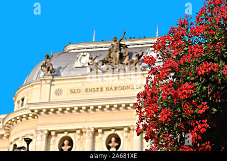 Blick von oben auf die Slowakischen Nationaltheater und rote Blumen in Bratislava, Slowakei. Das Neo-Renaissance Gebäude wurde im Jahre 1885 erbaut - 1886 Stockfoto