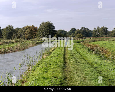 Ruhigen herbst Szene auf einem restaurierten Teil der North Walsham und Dilham Canal, Norfolk mit Mann, einen Hund in der Ferne. Stockfoto