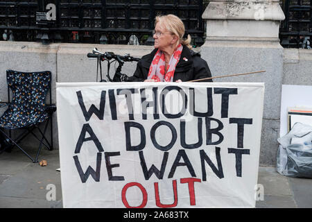 London, UK, 23. Okt 2019. Ein pro verlassen Brexit Unterstützer außerhalb der Häuser des Parlaments. Stockfoto