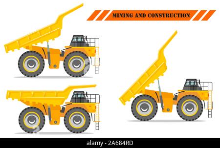 Off-highway-Lkw mit verschiedenen Körper Position. Schwere Bergbau Maschinen und Baumaschinen. Vector Illustration. Stock Vektor