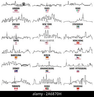 Vektor Kontur Ikonen der Welt Städte Skylines mit nationalen Flaggen Stock Vektor